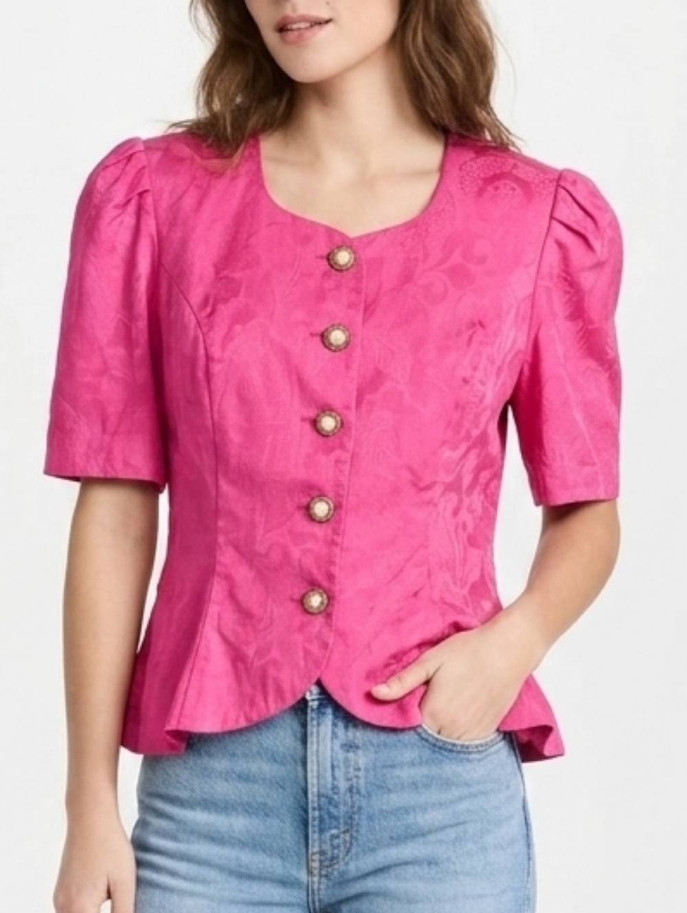 Vintage Melissa Pink Peplum Puff Sleeves Button Front Short Sleeve Blazer Top